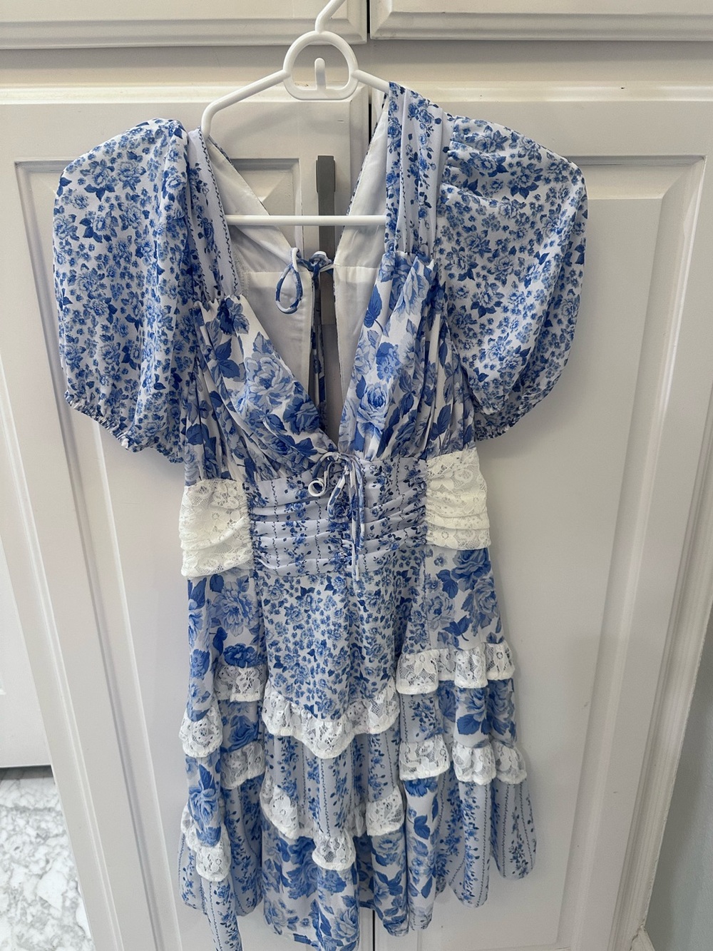 Blue & White Floral Tiered Lace Mini Dress